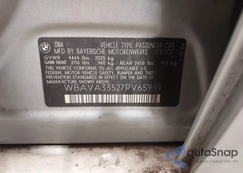 2007 BMW 328I z USA, uszkodzony, nr VIN WBAVA33527PV65991